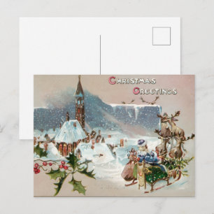 Carte Postale Vœux de NOËL vintage avec le Père Noël sur le traî