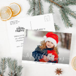 Carte Postale voeux vacances photo joyeux noël<br><div class="desc">image mignonne avec recouvert de lettrage blanc et design moderne. Customisez le texte et les détails de l'image.</div>