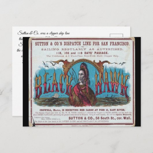 Carte Postale Voile à clipper Black Hawk (Devant / Derrière)
