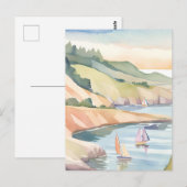 Carte Postale Voile Rivage | Aquarelle de l'océan de Rhode Islan (Devant / Derrière)