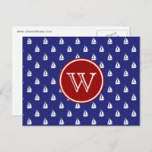 Carte Postale Voilier nautique en bleu avec Monogramme rouge (Devant / Derrière)