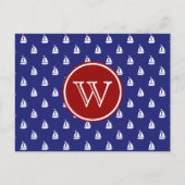 Carte Postale Voilier nautique en bleu avec Monogramme rouge (Devant)