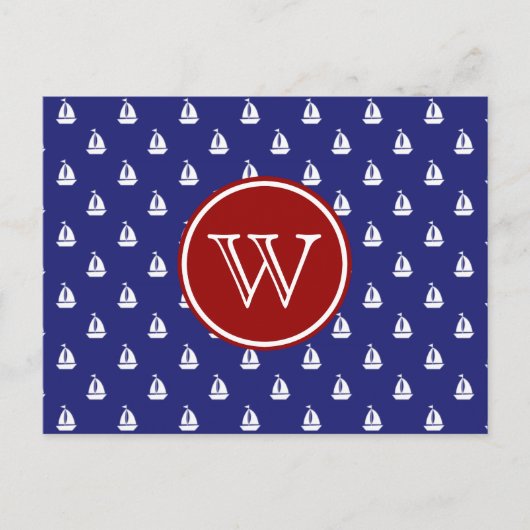 Carte Postale Voilier nautique en bleu avec Monogramme rouge (Devant)