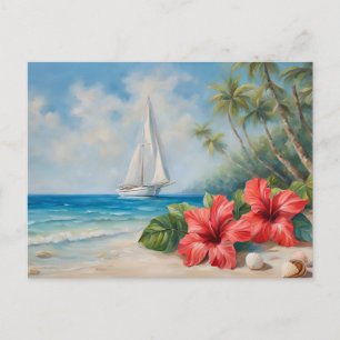 Carte Postale Voilier près de la plage tropicale, fleurs d'hibis
