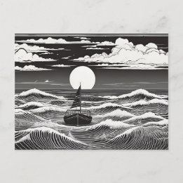 Carte Postale Voilier solitaire noir et blanc Vagues de lune