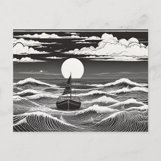 Carte Postale Voilier solitaire noir et blanc Vagues de lune