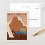 Carte Postale Voir Amérique Bienvenue au Montana | Vintage voyag<br><div class="desc">Voir Amérique, Bienvenue au Montana | Cette affiche vintage de Jerome Henry Rothstein du Travel Bureau des Etats-Unis, intitulée See America, Welcome to Montana, invitation spectateurs pour explorer la beauté naturelle et le patrimoine culturel du Montana. Les oeuvres d'art présentent un campement indien serein niché au bord d'un lac tranquille,...</div>