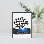 Carte Postale Voiture Blue Race avec drapeau À damiers (Debout devant)