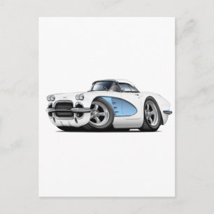 Carte Postale Voiture Corvette Bleu Blanc 1961