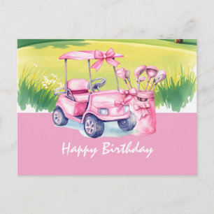 Carte Postale Voiture de golf avec golfeuse Joyeux Anniversaire
