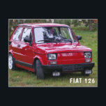 Carte Postale Voiture rouge vintage | Fiat 126<br><div class="desc">Carte postale FIAT 126. La Fiat 126 (Type 126) est une voiture de petite économie ou de ville motorisée à l'arrière, introduite en octobre 1972 au Turin Auto Show[1] en remplacement de la Fiat 500. La majorité des 126s ont été produits à Bielsko-Biała, en Pologne, comme le Polski Fiat 126p,...</div>