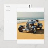 Carte Postale Voiture vintage argent sur la plage (Devant / Derrière)