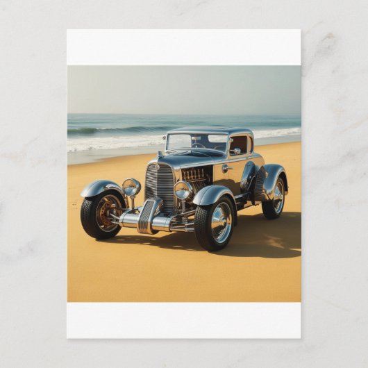 Carte Postale Voiture vintage argent sur la plage (Devant)