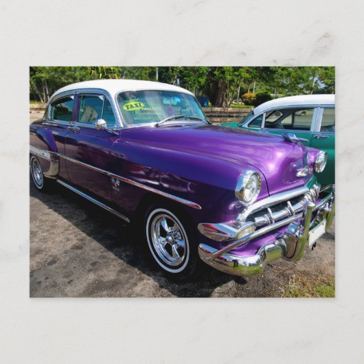 Carte Postale Voitures classiques de Cuba pourpre avec toit blan (Devant)