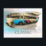 Carte Postale *~* Voitures classiques Vintages rétro et colorées<br><div class="desc">CARTE POST POSTCARD - VOITURES CLASSIQUES - Peintures de style Grunge - PERSONNALISER LE TEXTE SI VOUS LE SOUHAITEZ. Energetiquement Amélioré Retro Classic Vintage Antique voitures colorées, Auto, AutomobilesUne rangée entière de voitures très colorées sont alignés et font un tel affichage coloré. Ce serait un grand cadeau pour n'importe quelle...</div>