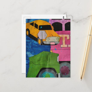 Carte Postale Voitures et camions jaune vert rose bleu collage 