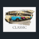 Carte Postale *~* Voitures rétro Vintage Antique Colorful Classi<br><div class="desc">CARTE POST POSTCARD - VOITURES CLASSIQUES - Peintures de style Grunge - PERSONNALISER LE TEXTE SI VOUS LE SOUHAITEZ. ARRIÈRE - PLAN BLANC. Energetiquement Amélioré Retro Classic Vintage Antique voitures colorées, Auto, AutomobilesUne rangée entière de voitures très colorées sont alignés et font un tel affichage coloré. Ce serait un grand...</div>