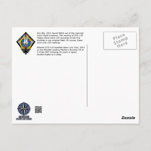 Carte Postale Vol Dernier Atlantis Space Shuttle STS-135 (Dos)