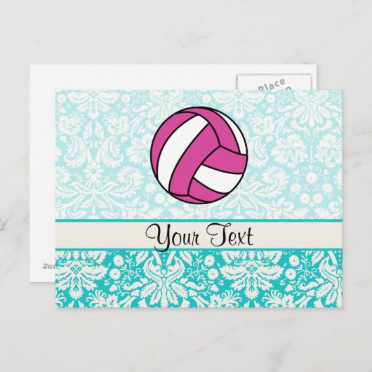 Carte Postale Volley-ball rose; Motif Damas (Devant / Derrière)