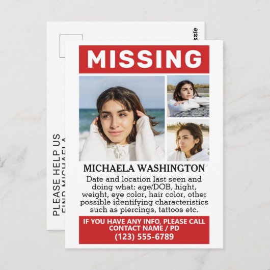 Carte Postale VOS Photos & Texte "MANQUANT" (Devant / Derrière)