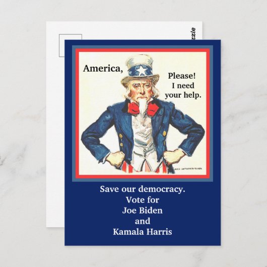 Carte Postale Vote pour Joe Biden & Kamala Harris, Oncle Sam pic (Devant / Derrière)