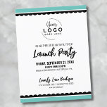 Carte Postale Votre groupe de lancement commercial Logo<br><div class="desc">Une invitation ludique mais simple en noir et blanc pour une grande ouverture d'entreprise ou un événement de lancement de marque ou de produit. Ajoutez votre propre logo en haut pour lui donner votre marque, et vous pouvez changer la couleur turquoise ou turquoise en noir ou assortir les couleurs de...</div>