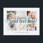 Carte Postale Votre texte personnalisé 6 photos collage universe<br><div class="desc">Script avec coeur Votre texte personnalisé 6 photos collage carte postale universelle. 6 photos de collage familial personnalisées Cartes postales de salutations universelles avec un collage photo élégant avec 6 images customisées, votre message de salutations en texte manuscrit élégant, votre nom, date, année, message sur le dos dans une police...</div>