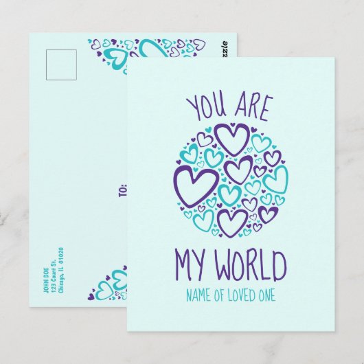 Carte Postale Vous êtes mon monde Cœurs bleus violets pour l'êtr (Devant / Derrière)