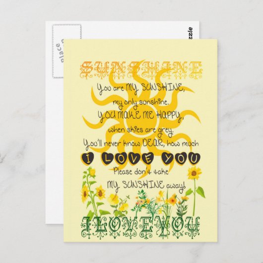 Carte Postale Vous êtes mon soleil... (Devant / Derrière)