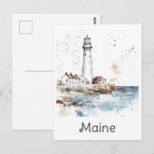 Carte Postale Voyage en aquarelle du phare de Maine Coast (Devant / Derrière)