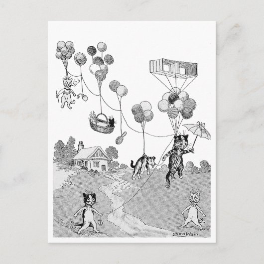 Carte Postale Voyage en ballon chat, Louis Wain (Devant)