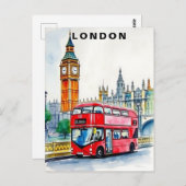 Carte Postale Voyage en bus à Londres au Royaume-Uni aquarelle (Devant / Derrière)