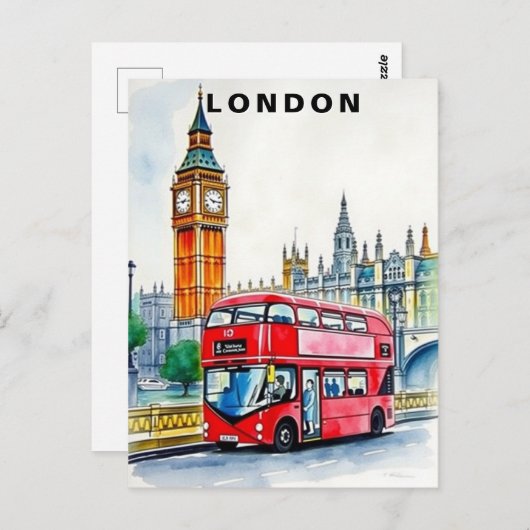 Carte Postale Voyage en bus à Londres au Royaume-Uni aquarelle (Devant / Derrière)