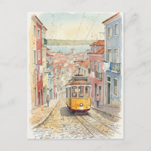 Carte Postale Voyage en tramway classique jaune à Lisbonne Portu