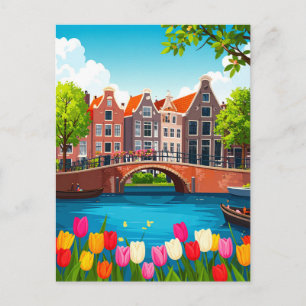 Carte Postale Voyage Rétro Amsterdam avec Tulipes
