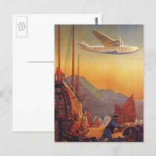 Carte Postale Voyage Rétro, Avion au-dessus de jonques à Hong Ko