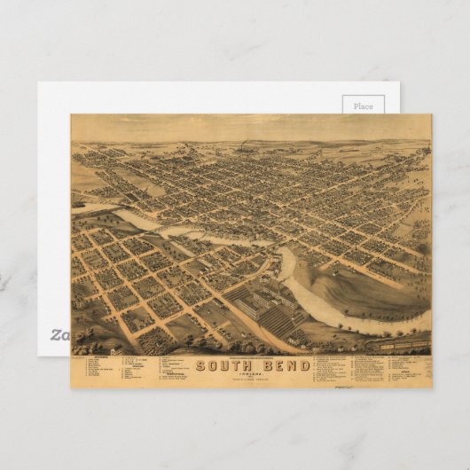Carte Postale Vue aérienne de South Bend, Indiana (1874) (Devant / Derrière)
