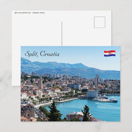 Carte Postale Vue aérienne du front de mer de la ville de Split, (Devant / Derrière)