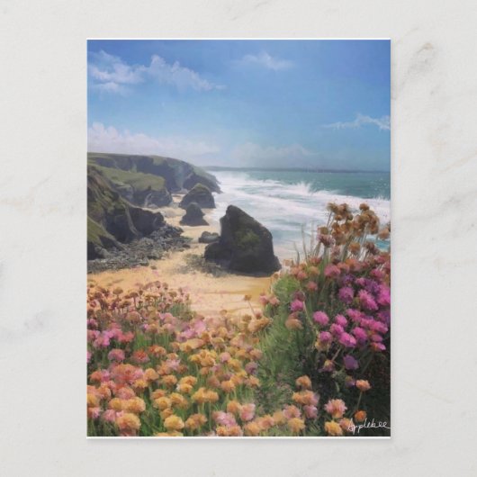 Carte Postale Vue de falaise de la plage avec des fleurs, (Devant)