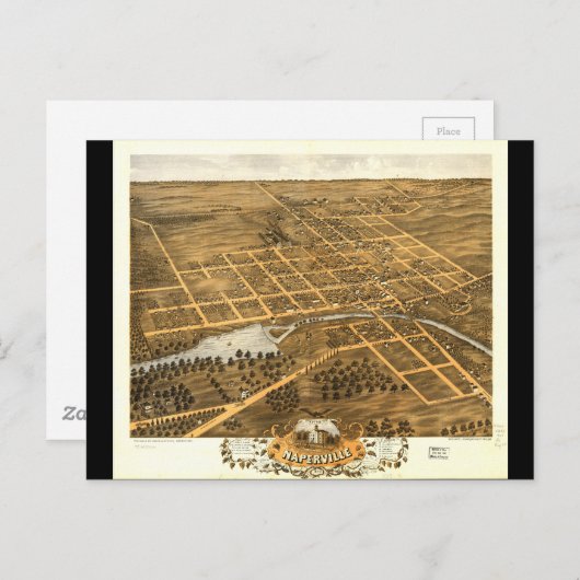 Carte Postale Vue de l'oeil d'oiseaux de Naperville (1869) (Devant / Derrière)