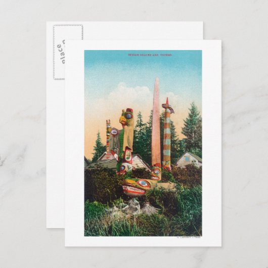 Carte Postale Vue des tombes et des totempoles indiens (Devant / Derrière)