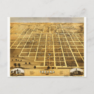 Carte Postale Vue d'Oiseaux d'Urbana, Illinois (1869)