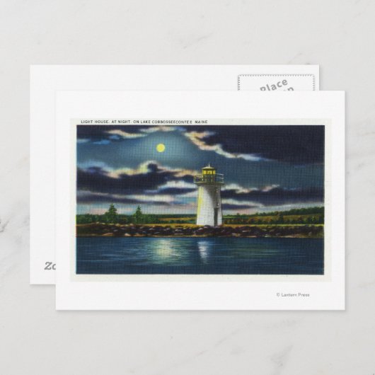 Carte Postale Vue du phare du lac Cobbosseecontee à la nuit (Devant / Derrière)