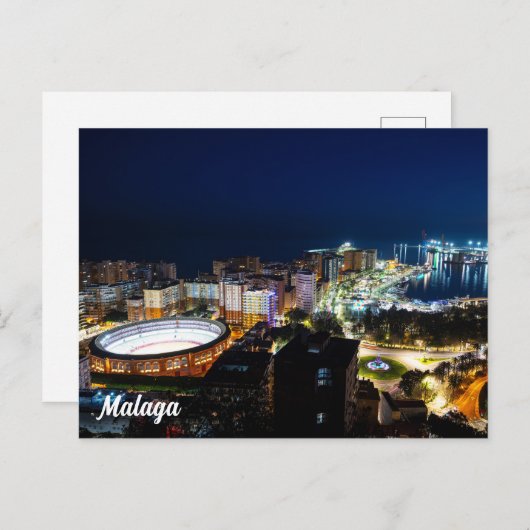 Carte Postale Vue nocturne en Malaga, Espagne (Devant / Derrière)