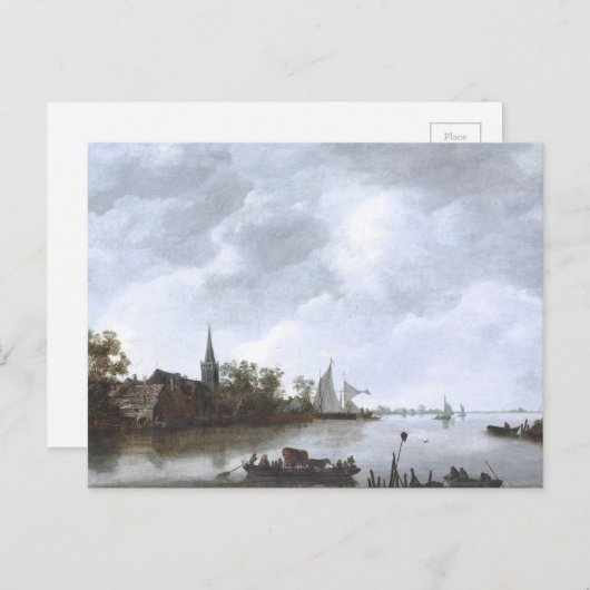 Carte Postale Vue sur la rivière avec une église de village (Devant / Derrière)