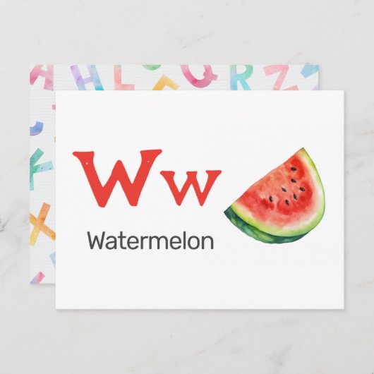 Carte Postale W est pour Watermelon - Alphabet Flash Card (Devant / Derrière)