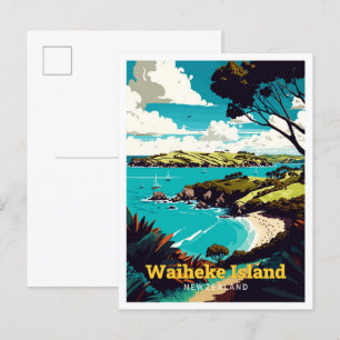 Carte Postale Waiheke Island NZ Art Voyage Illustration Vintage