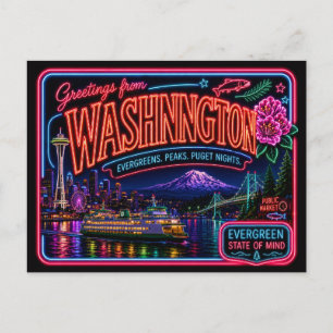 Carte Postale Washington Neon État Rétro Vintage