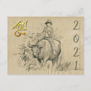 Carte Postale Water Buffalo Kid Chinese Ox Année 2021 PostC