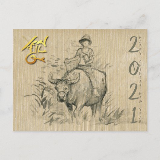 Carte Postale Water Buffalo Kid Chinese Ox Année 2021 PostC (Devant)